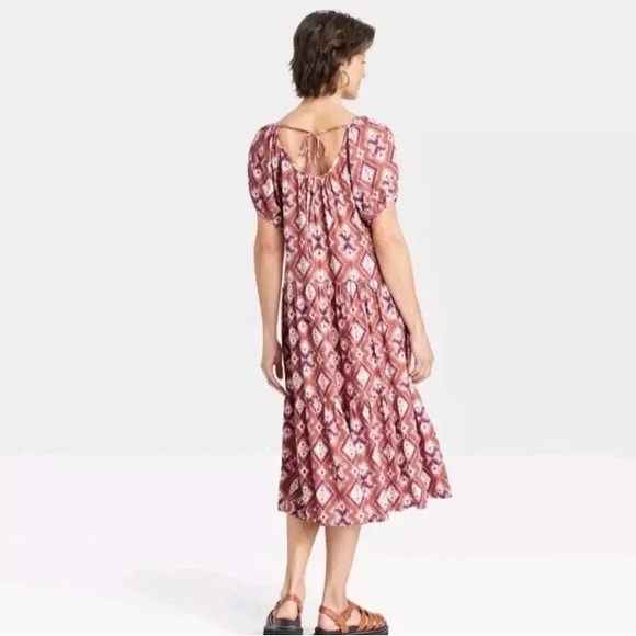 Knox rose women's size XL artsy batik rayon puff sleeve midi boho prairie dress - Picture 11 of 13